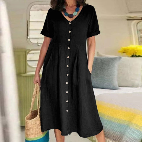 New solid color loose high waist cotton and linen dress m301192