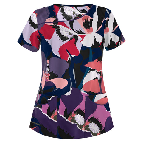 Printed V-neck short-sleeved pocket T-shirt women's top m301596