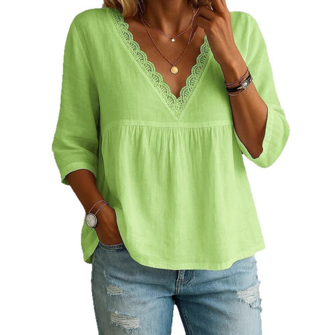 Casual seven-quarter-sleeved lace V-neck pullover multi-color women's top shirt m301442