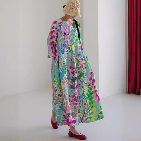 Lockeres, modisches Premium-Kleid mit Rundhalsausschnitt und langen Ärmeln und Aufdruck m301044