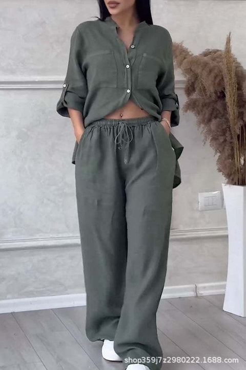 Casual cotton and linen solid color shirt drawstring wide-leg pants set m302317