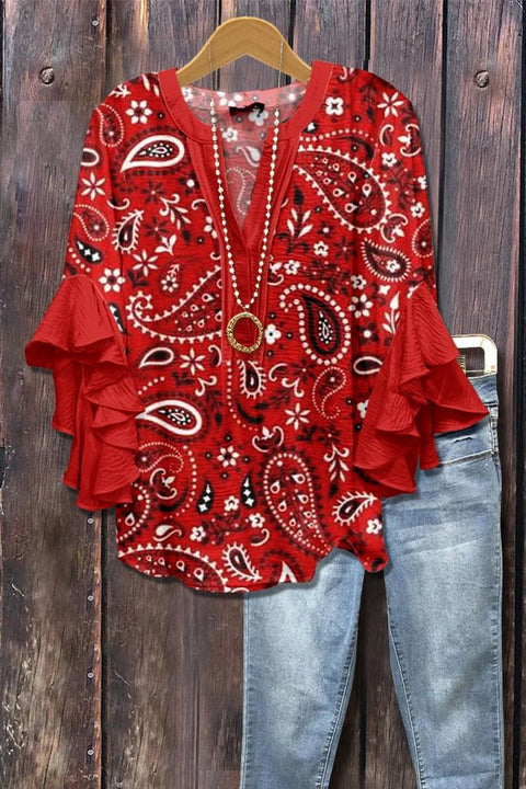 Kreativer Digitaldruck mit Blumenelementdruck, lässiger Trend, V-Ausschnitt, Lotuskante, T-Shirt m301358 