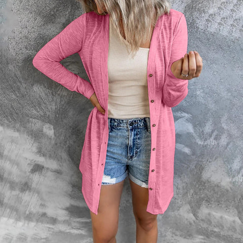 Long button solid color casual long sleeved cardigan women's m300020
