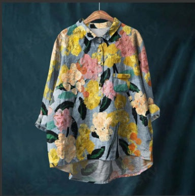 Long Sleeve Bamboo Linen Printing Fashion Versatile Lapel Shirt m301040