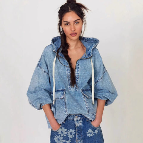 Fashion Loose Casual Wash Hooded Denim Long Sleeve Top m303253