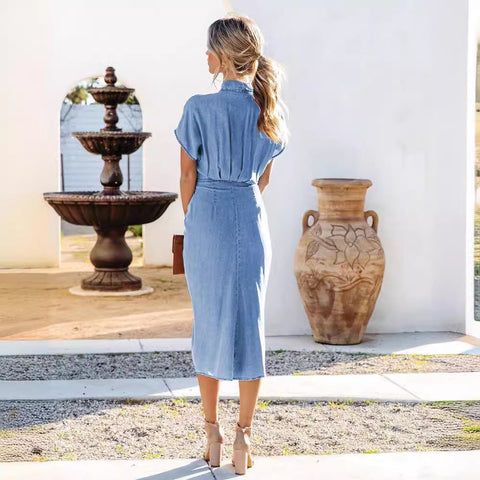 Shirt Collar Split Pleated Slim Wash Denim Dress M300315