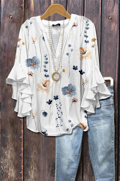 Creative floral element printing digital printing casual trend V-neck lotus edge T-shirt m301352