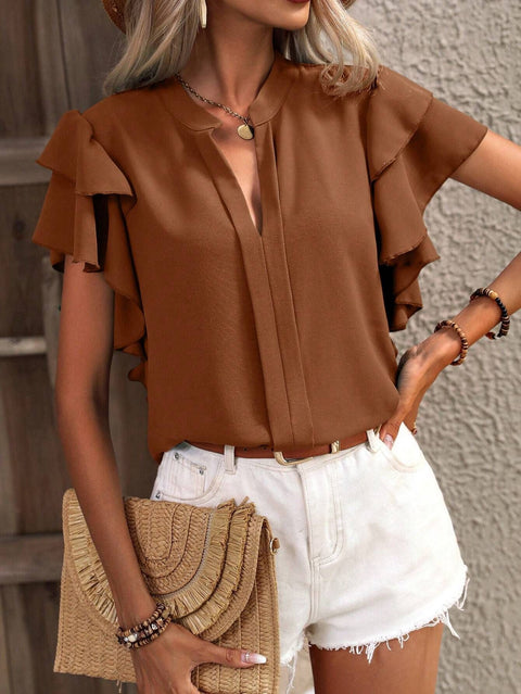 V-neck casual double-layer lotus leaf sleeve solid color shirt top m300883