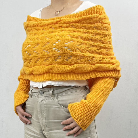 Double-sleeved extended hollow shawl multi-purpose knitted twist sweater with scarf outside autumn and winter women m302058