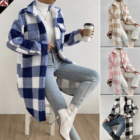 Open-button lapel plush plaid jacket loose temperament commuter long coat women m300360