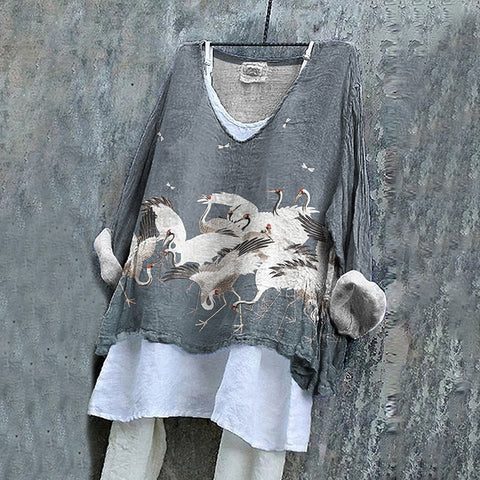 Pull décontracté imprimé à manches longues, col rond ample, T-shirt une pièce (sans sous-chemise) m301042