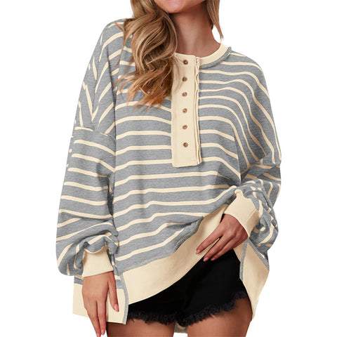 V-neck contrasting stripes loose long-sleeved women's t-shirt top FF303304