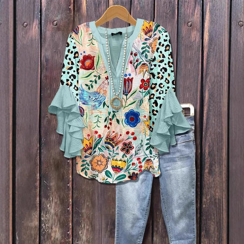 Kreativer Digitaldruck mit Blumenelementdruck, lässiger Trend, V-Ausschnitt, Lotuskante, T-Shirt m301358 