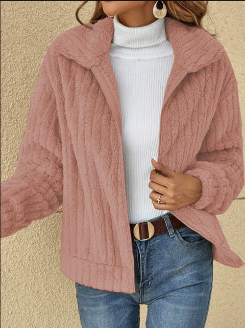 Pit strip plush cardigan lapel short jacket m300357