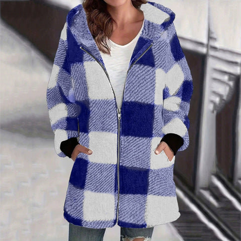 Long Sleeve Plaid Hooded Zipper Pocket Loose Jacket m302168