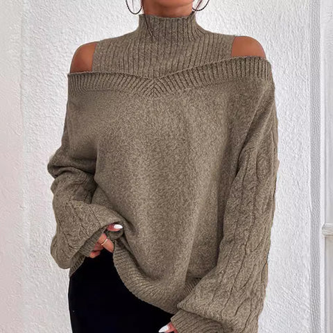 Pull col roulé épaules dénudées, pull ample en maille pour femme m300502 