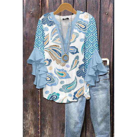 Floral element printing digital printing casual trend V-neck lotus edge T-shirt women's upper m302746