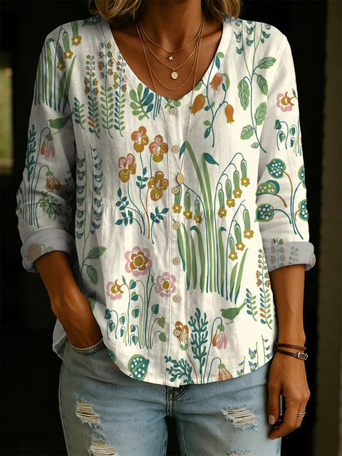 Crew Neck Women's Floral 3D Printed Women's Henley Shirt m302611