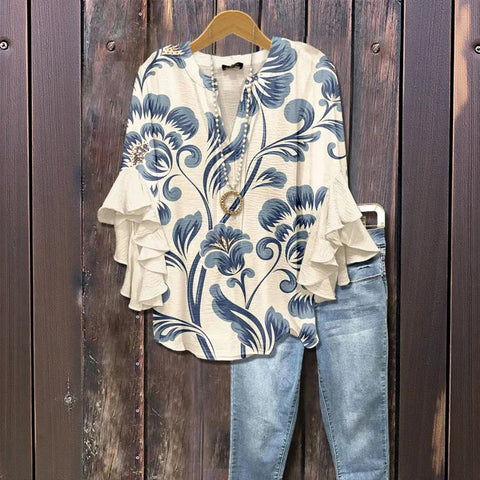 Digital printing casual trend V-neck lotus edge T-shirt women's m302725-2