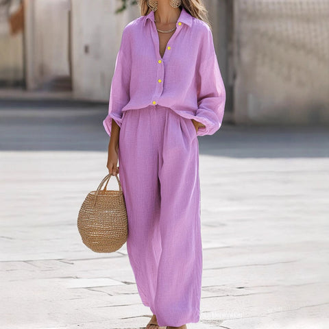 Casual lapel long-sleeved shirt trousers cotton multi-color women's suit FF303104