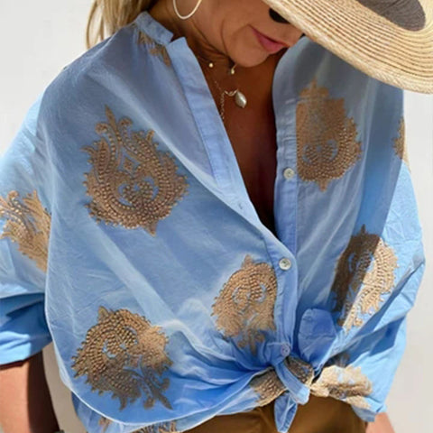 Printed Independent Station Long Sleeve Lapel Button Women's Shirt m301309