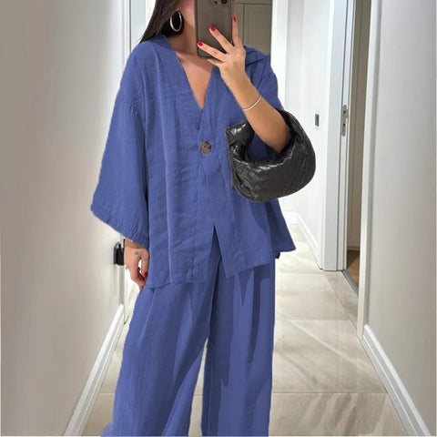 Fashion casual suit V-neck one-button loose long-sleeved top high-waisted trousers two-piece set m301966