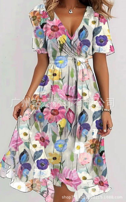 Casual comfortable V-neck floral new hot-selling printed dress m301703