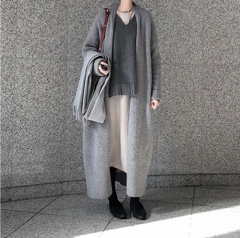 Long knitted cardigan over knee strap split loose sweater jacket women's m302061