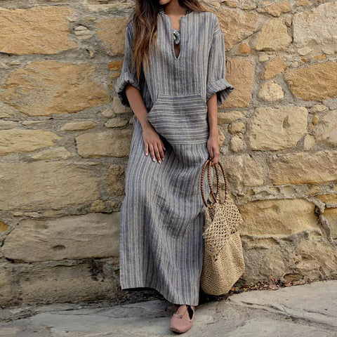 New cotton and linen dyed striped loose dress m302470