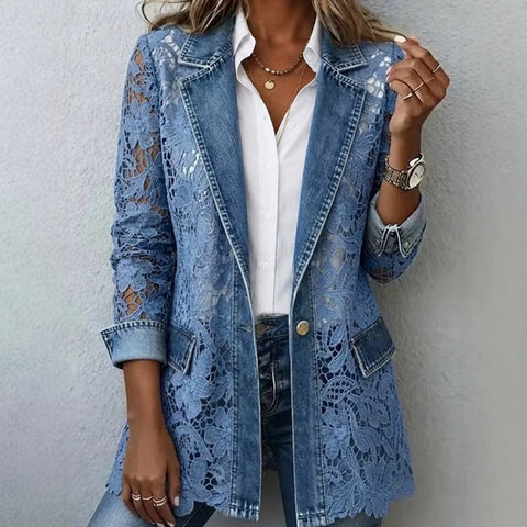 Imitation denim jacket single button medium and long gentle hollow flower lace blazer FF303300