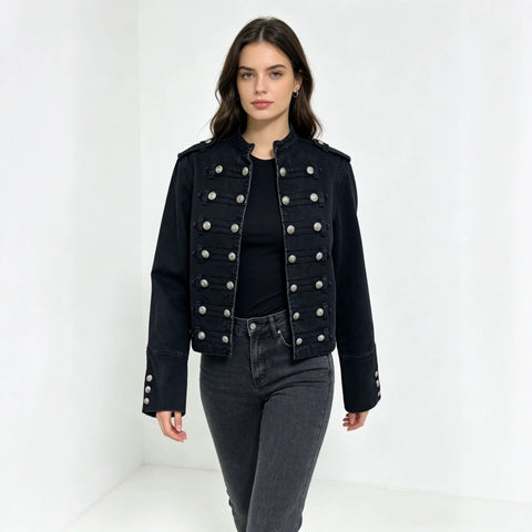 Stand-up collar black washed denim short jacket metal buckle shoulder badge slim fit fashion short women's jacket m303317