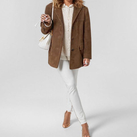 Women's temperament women's retro brown loose pocket long-sleeved blazer women's m301193