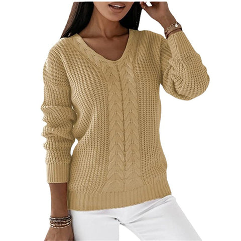 Sweater Women's Long Sleeve V-Neck Solid Color Twist Casual Knitted Pullover M300487