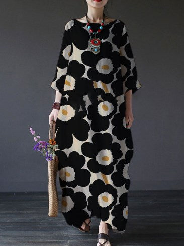 Lockeres, modisches Premium-Kleid mit Rundhalsausschnitt und langen Ärmeln und Aufdruck m301044