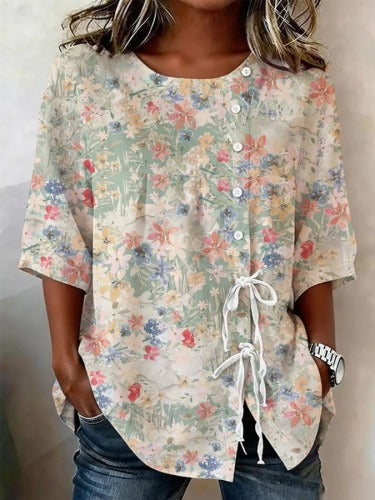 Temperament women's long-sleeved shirt printed top lace-up shirt m302925