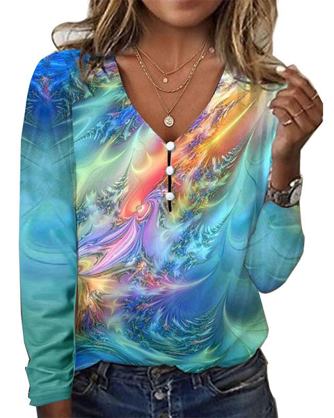 V-neck star tie-dye pearl button long-sleeved T-shirt sweater m300609