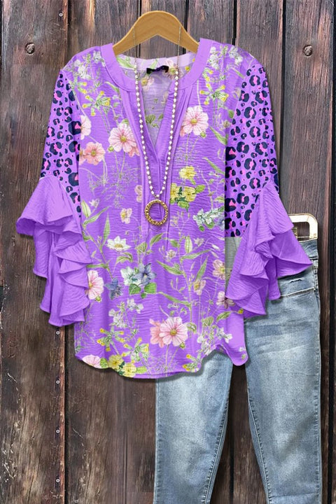 Creative floral element printing digital printing casual trend V-neck lotus edge T-shirt m301358