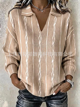Digital Printed Women's Christmas Lapel Long Sleeve Solid Color Knitted Fleece Sweater FF303269
