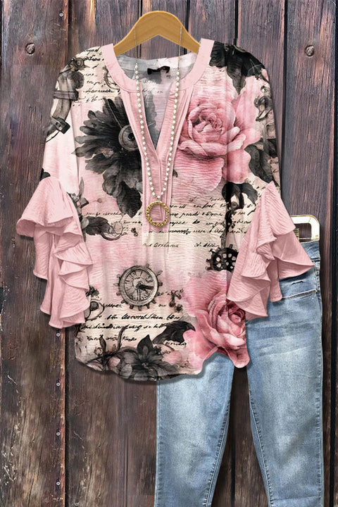 Kreativer Digitaldruck mit Blumenelementdruck, lässiger Trend, V-Ausschnitt, Lotuskante, T-Shirt m301358 