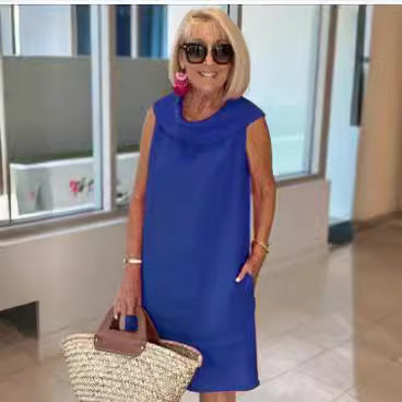 Medium and long dress red loose waist cotton and linen solid color sweet pullover dress m302047