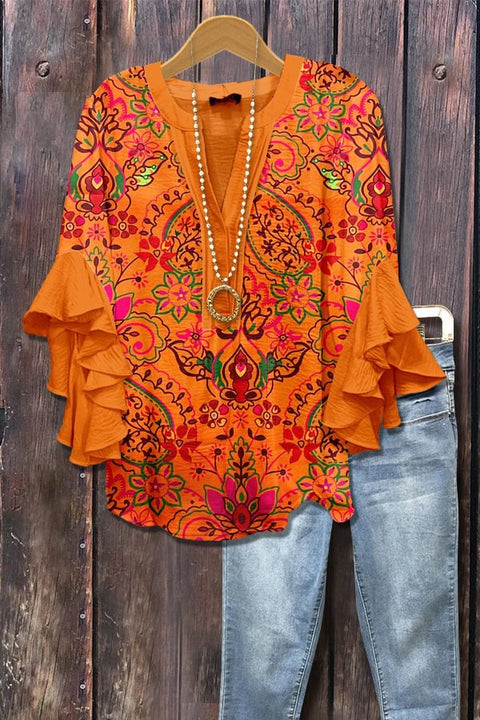 Creative floral element printing digital printing casual trend V-neck lotus edge T-shirt women's top m301778