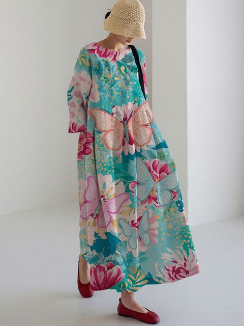 Lockeres, modisches Premium-Kleid mit Rundhalsausschnitt und langen Ärmeln und Aufdruck m301044