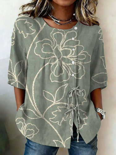 Color matching loose blouse five-button drawstring m302924