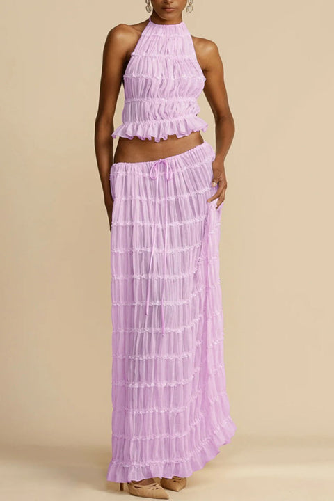 backless neck sling drawstring chiffon pleated long skirt two-piece set m301879