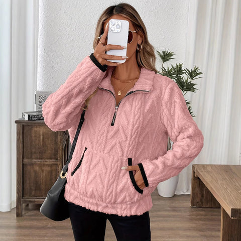 Lapel small fragrant wind jacquard half zipper plush pocket short sweater m302167