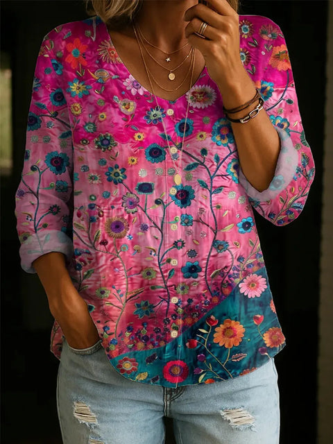 Crew Neck Women's Floral 3D Printed Women's Henley Shirt m302611