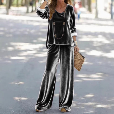 Casual V-neck pullover long sleeve plus trousers velvet multi-color women's suit FF303105