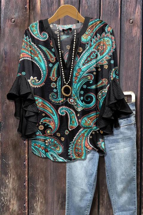 Creative floral element printing digital printing casual trend V-neck lotus edge T-shirt m301358