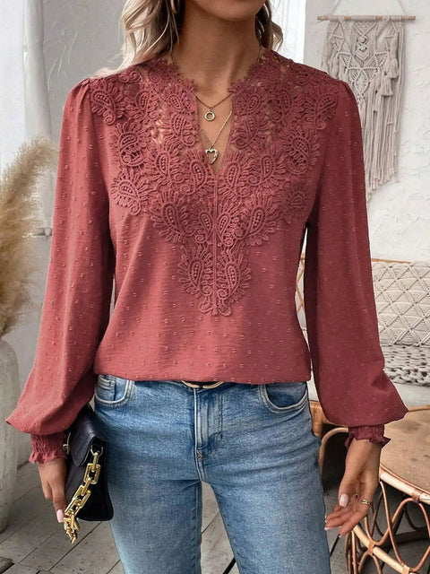 V-neck lace stitching long-sleeved casual shirt blouse m301373