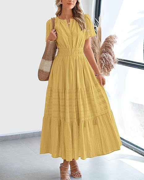 Fashion V-neck pleated bubble sleeves layered pendulum dress women m302009